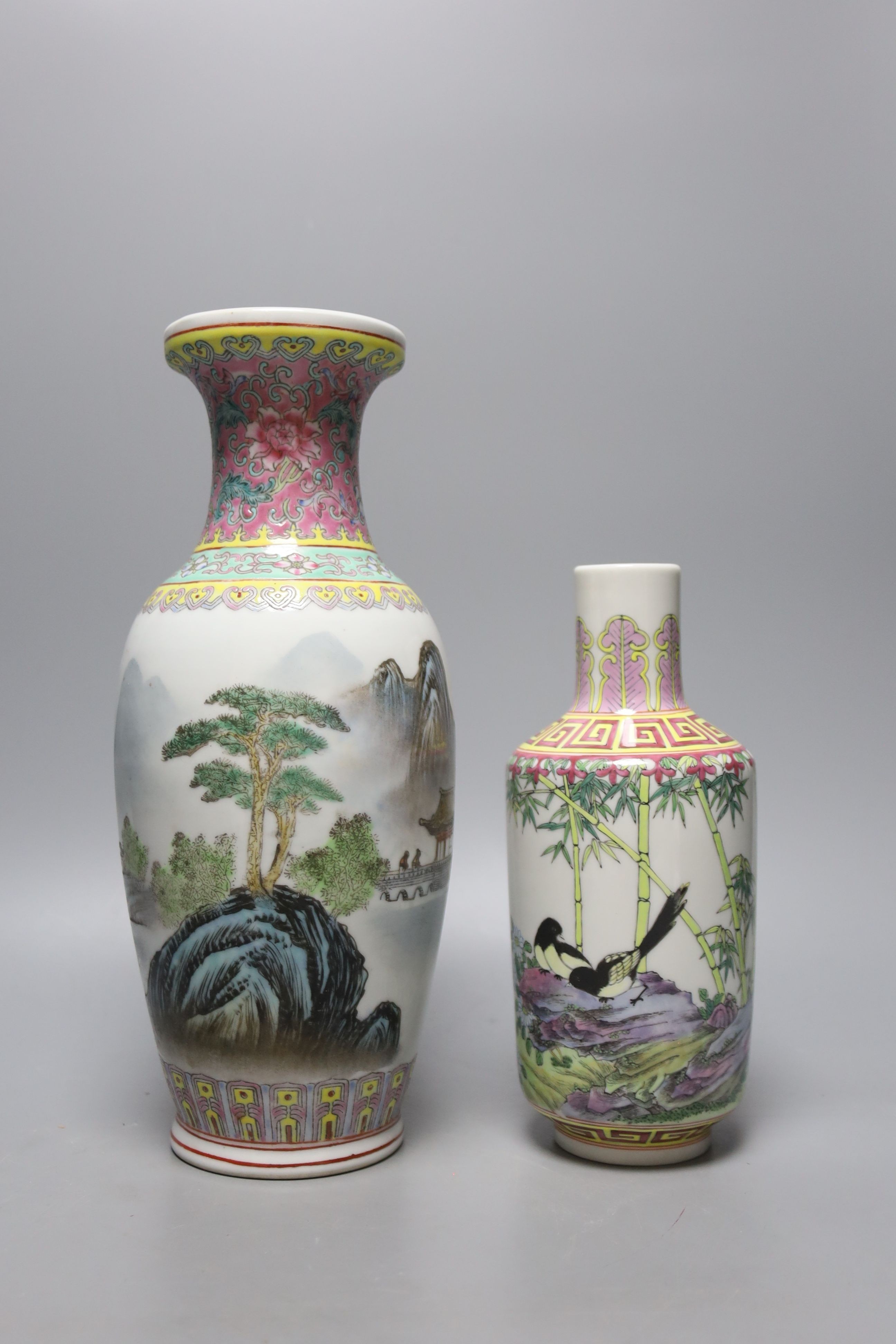Three Chinese monochrome vases and three famille rose vases (6), tallest vase 30 cms.